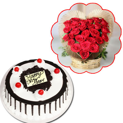 "Chocolate cake -1kg, Flower arrangement with 25 Red Roses. - Click here to View more details about this Product